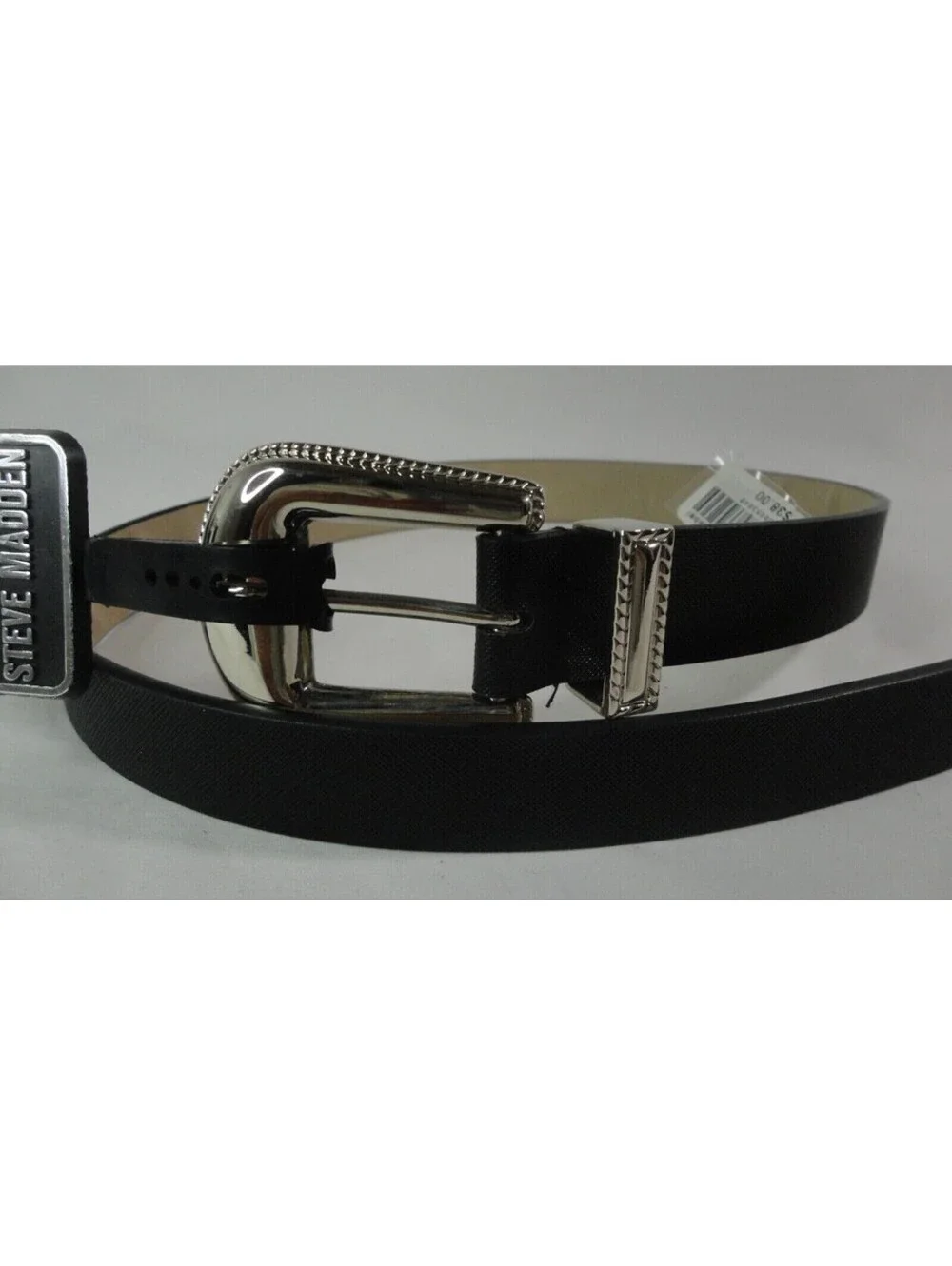 Steve Madden Womens Western Saffiano Buckle Faux Leather Belt Black Size Large